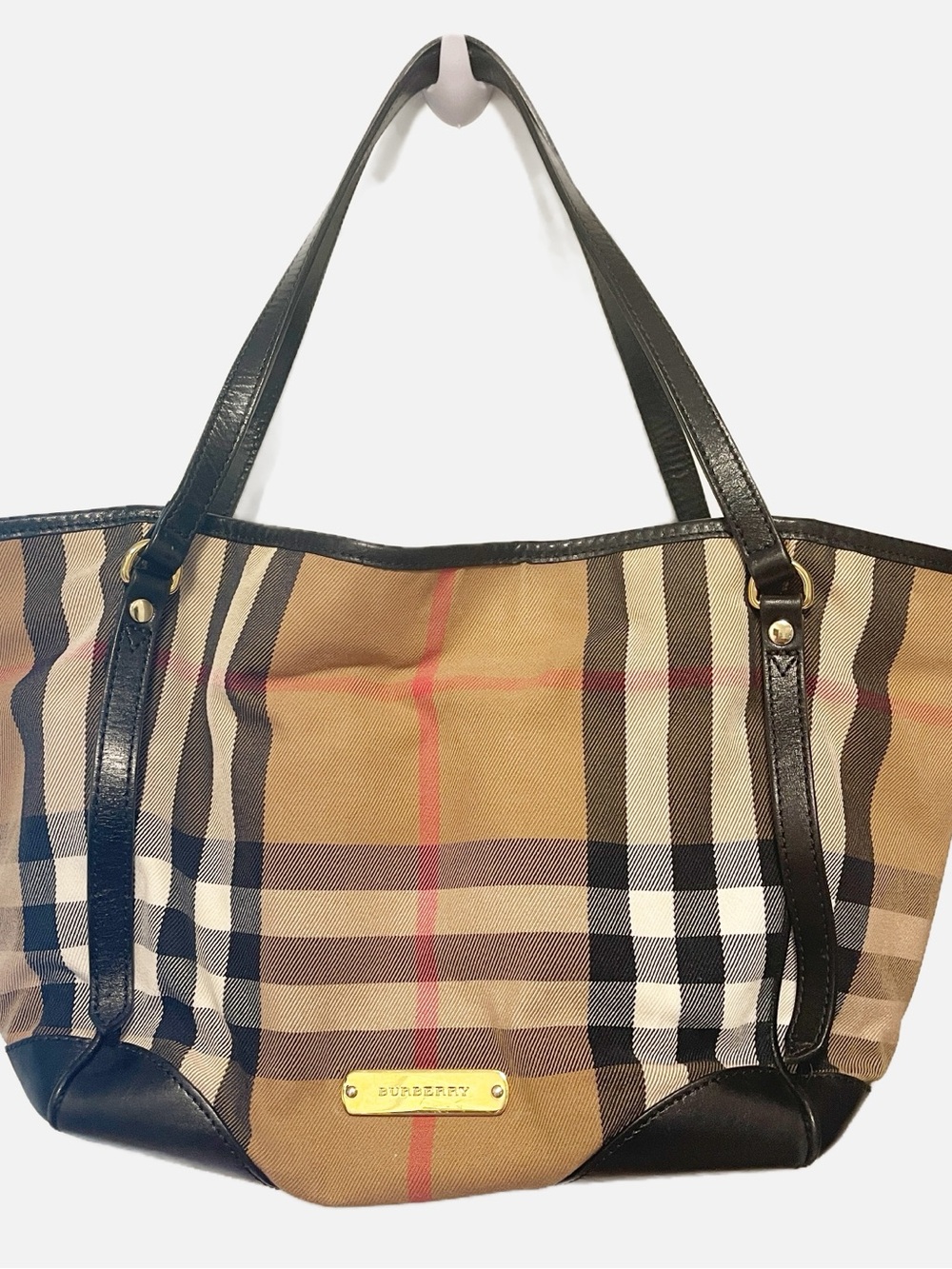 Burberry Classic Bridle House Canterbury Nova Check Tote with Black Leather Trim